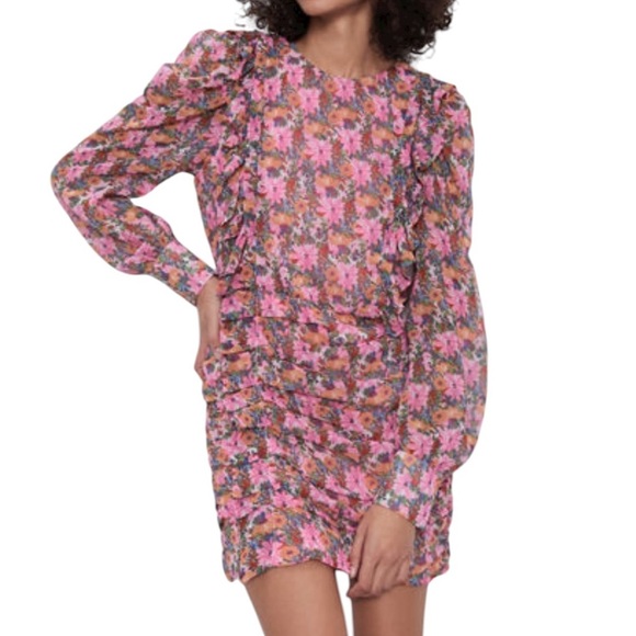 Zara Floral Ruched Ruffle Mini Dress Size S - Picture 2 of 16